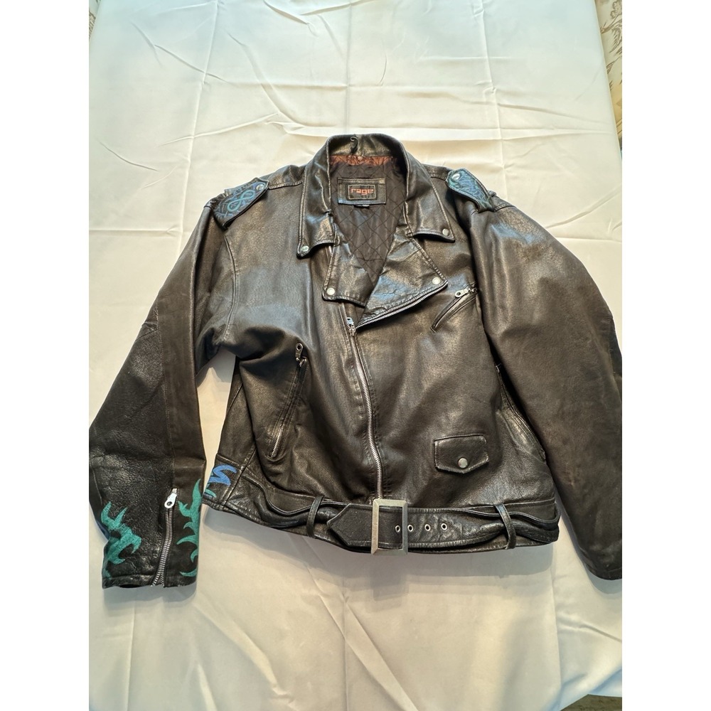 Rage Men's L 80's‎ Blue Black Tribal Black Leather Biker Jacket Bomber Coat